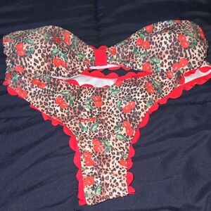 Cherry Print Leopard Bikini Set with Red Trim